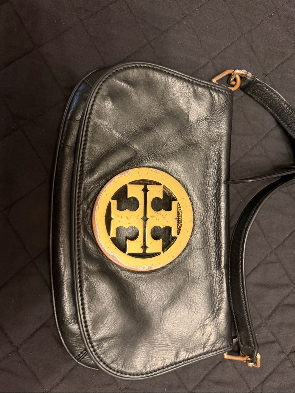Tory Burch Black Leather Shoulder Bag with Gold Logo Medallion